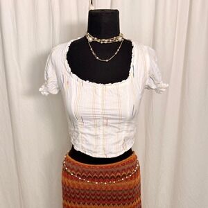 Free People Embroidered Smocked Puff Sleeve Crop Top XS Cottagecore Boho